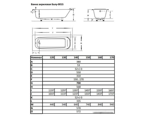 Ванна Balu 001S 150x70 B001S-150