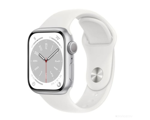 Умные часы Apple Watch Series 8 41 мм (алюминиевый корпус, серебристый/белый, спортивный силиконовый ремешок)