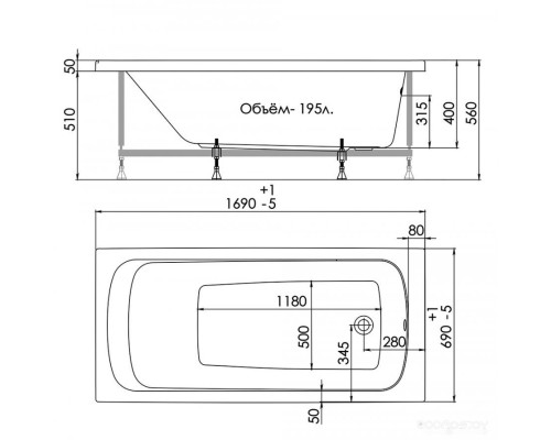 Ванна 1AcReal Gamma 170x70 (с ножками)