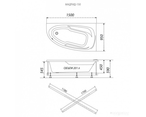 Ванна 1AcReal Мадрид 170х95 R (с каркасом)