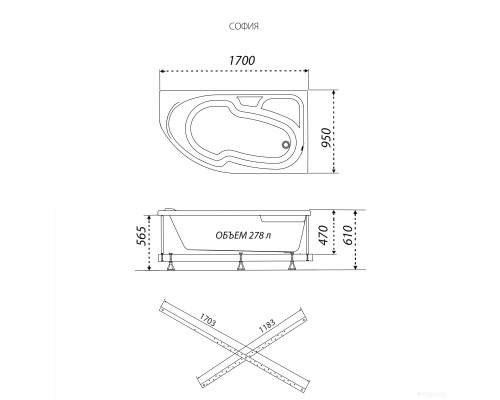 Ванна Triton София 170х95L (с каркасом, экраном, сифоном)