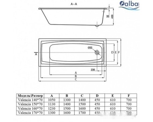 Ванна Alba Spa Valencia 170x70 (с ножками)
