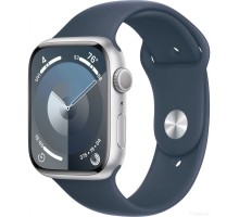 Умные часы Apple Watch Series 9 45 мм (алюминиевый корпус, серебристый/грозовой синий, спортивный силиконовый ремешок S/M)