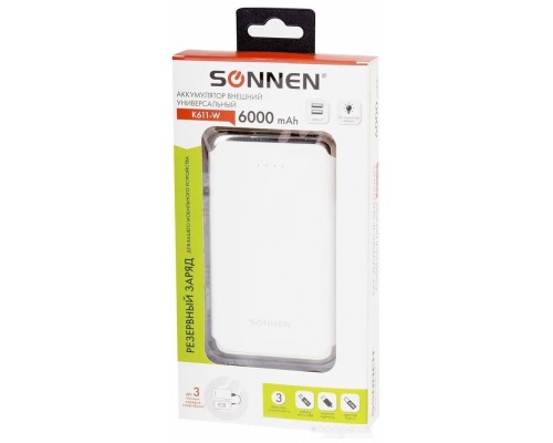 Портативное зарядное устройство SONNEN Powerbank K611 6000mAh (белый)